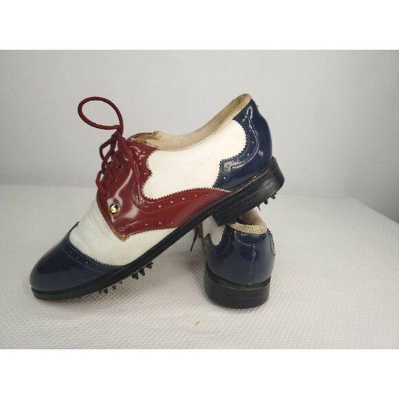 Vintage 60s Patent Leather Golf Shoes Oxfords Mens 9.5 Red White Blue USA - Picture 2 of 12